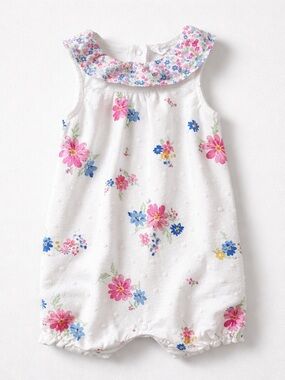 Emily and Oliver white and multicolored floral clip dot cotton romper size 3-6 m